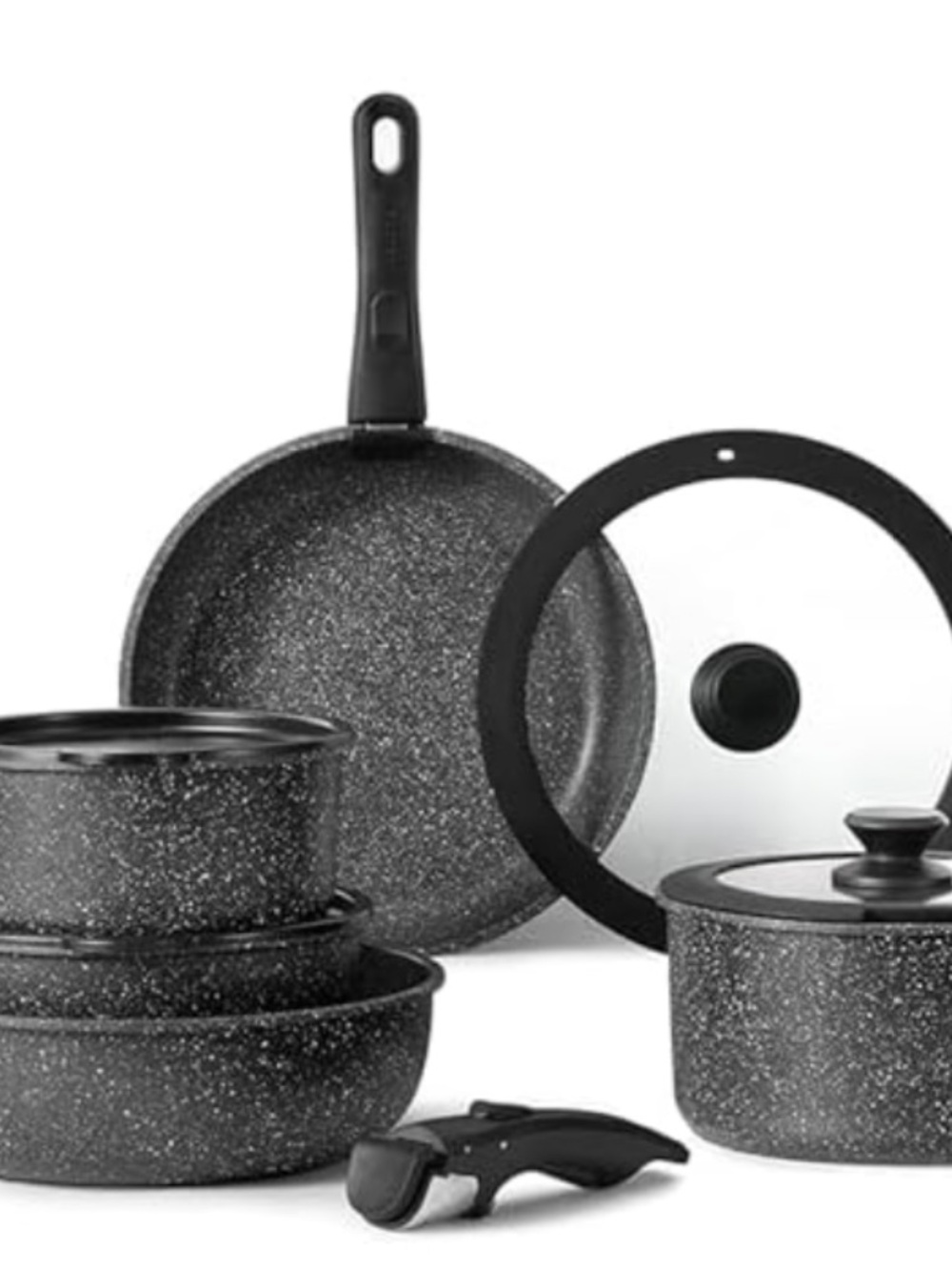 CAROTE 11pcs Nonstick Cookware Set With Detachable Handle, Jet Black
